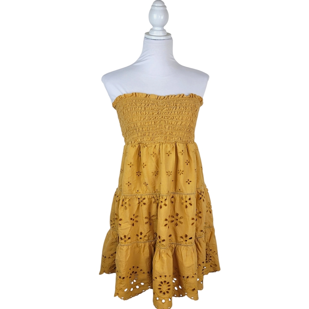 American Eagle Dress Women Large Yellow Strapless Summer Eyelet Floral Boho